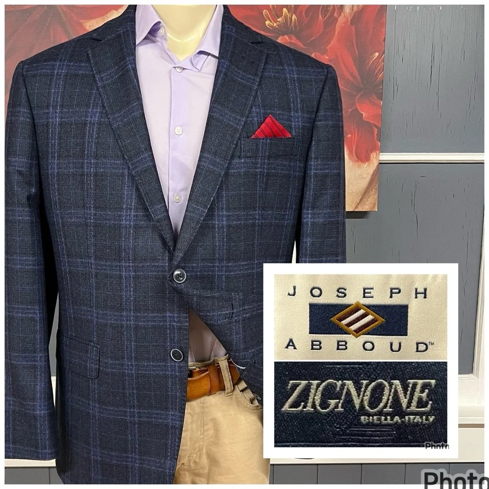 Joseph Abboud Blazer Jacket Sport Coat Mens 46R Wool Navy Flannel Plaid